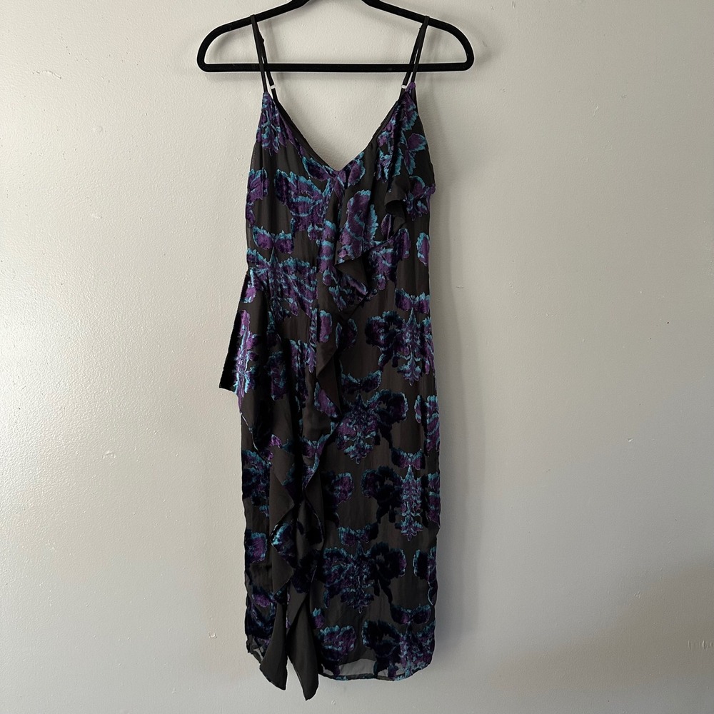 Adelyn Rae Mixed‎ Media Velour Midi Cocktail Dress | Black + Purple Teal Floral